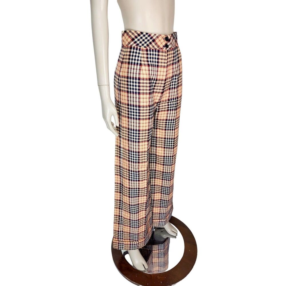 70s Vintage Bobbie Brooks Brown Plaid High-Waist Cuffed Bell Bottom Pants
